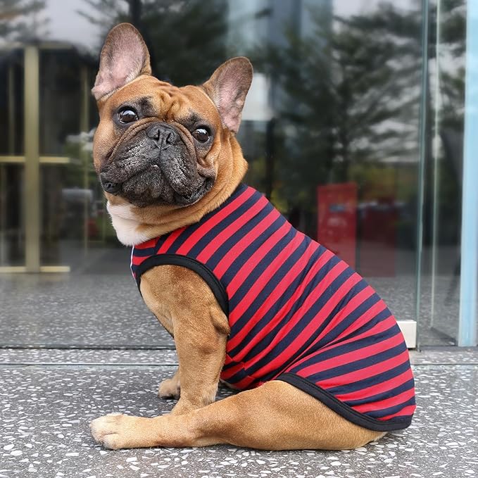 iChoue 2pcs French Bulldog Striped Shirts 100% Breathable Cotton Tank Tops Vests Clothes for Frenchie Dogs, Yellow and Red Stripes, Large