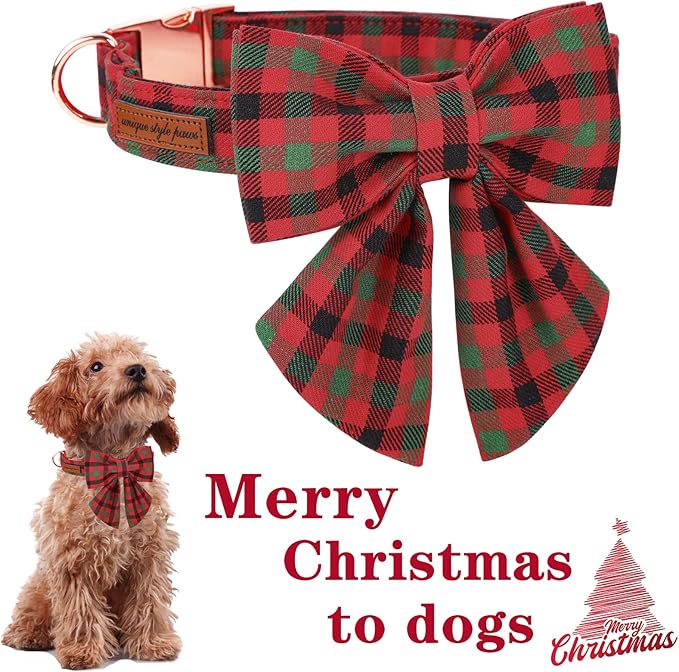 Unique style paws Christmas Dog Collar with Bow Tie Black Red Green Plaid Puppy Collar for Small Medium Large Dogs as Autumn Winter Pet Gifts-XL