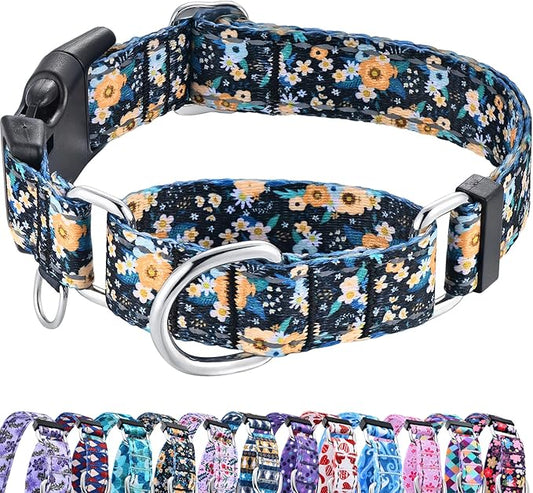 Reflective Martingale Dog Collar with Buckle Soft Nylon Floral No Slip Dog Collars for Medium Dogs (Black Orange Flowers, M)