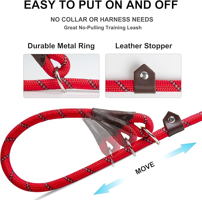 Fida Durable Slip Lead, 6 FT x 3/8" Heavy Duty Dog Loop, Comfortable Strong Rope Slip Leash for Small Dogs and Puppies, No Pull Pet Training Leash with Highly Reflective (3/8", Red)