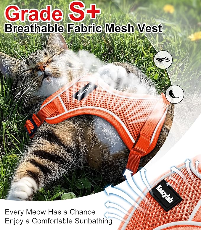 Cat Harness and Leash for Walking Escape Proof Soft Adjustable Cat Leash Breathable Comfortable Vest Easy to Wear Kitten Harness for Outdoor Travel Orange M