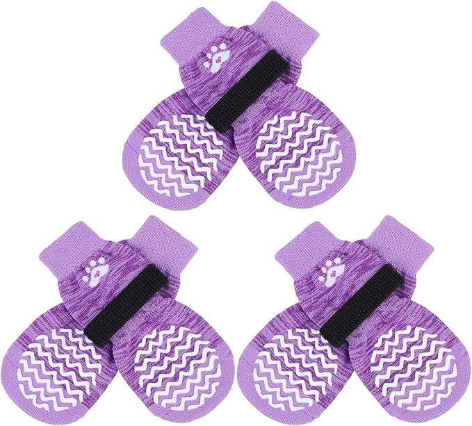PUPTECK Non-Slip Dog Socks Double Sides Grips for Hardwood Floors Prevents Licking, Dog Shoes for Hot Pavement Traction Control Booties for Senior Dogs, Small Medium Large Dogs, Purple S