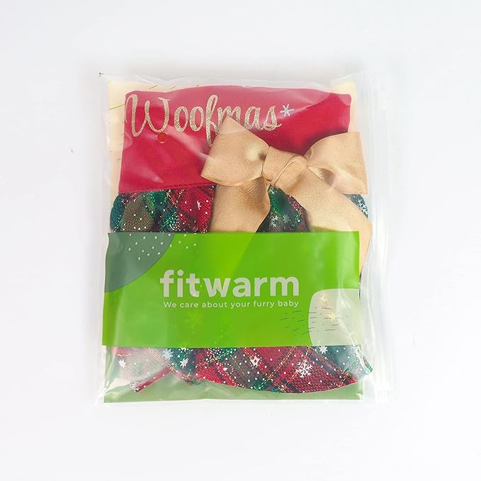 Fitwarm Merry Woofmas 100% Cotton Dog Christmas Outfits Girl Dog Holiday Dress Lightweight Doggie Costume Puppy Clothes Pet Apparel with Bowknot Cat Clothing Red Large