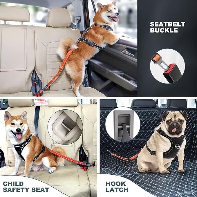 Dog Seat Belt 3-in-1 Car Harness for Dogs Adjustable Safety Seatbelt for Car Durable Nylon Reflective Bungee Fabric Tether with Clip Hook Latch & Buckle, Swivel Zinc Alloy Carabiner (Orange)