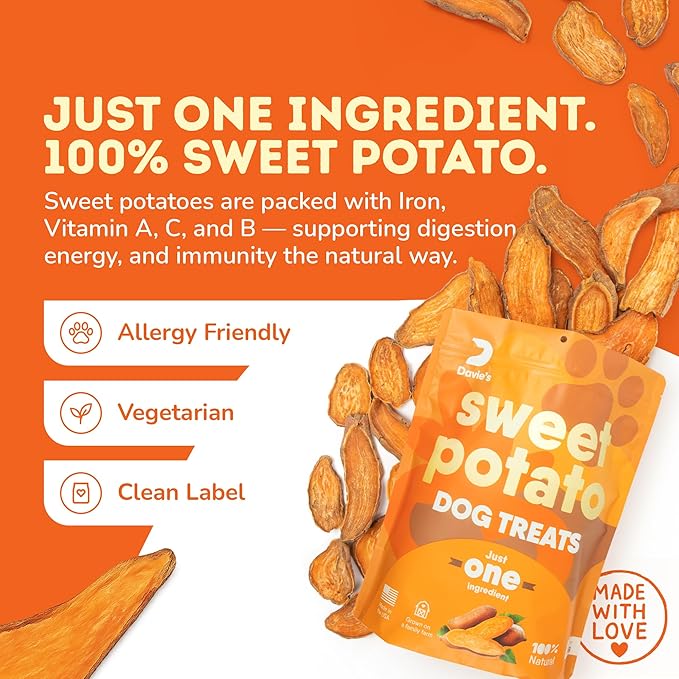 Davie's Sweet Potato Dog Treats - Healthy Treats Made in USA Only, Natural Treats, Healthy Dog Chews, Low Fat Treats, 0.5 lb. Bag