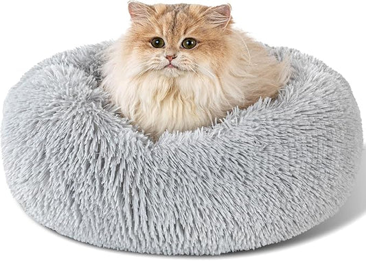 Dog Calming Beds for Small Medium Dogs - Round Donut Washable Dog Bed, Anti-Slip Faux Fur Fluffy Donut Cuddler Anxiety Cat Bed(Light Grey 16")