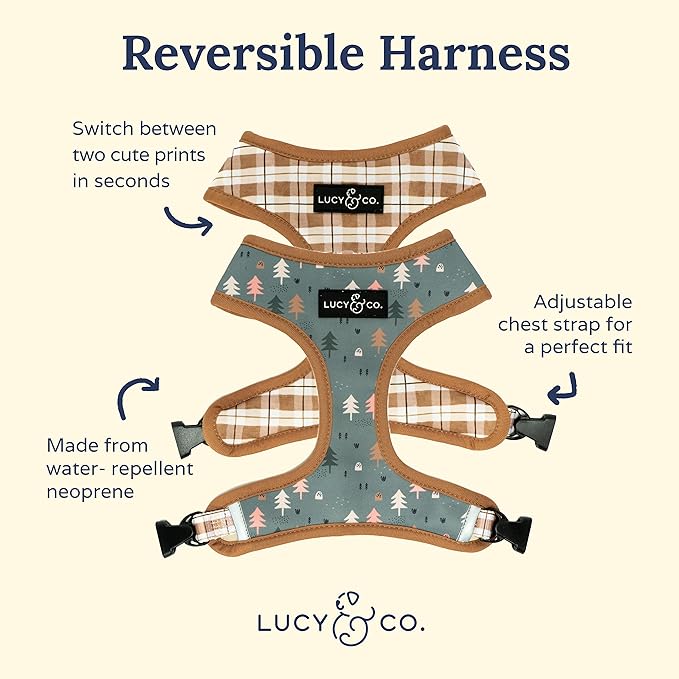 Lucy & Co. Cute Reversible Dog Harness Walking Halter - Best Designer Pet Harnesses for XS - XL Dogs - Padded Adjustable Vest for Easy Walking (X-Large, Neutral Brown Plaid with Blue Trees)