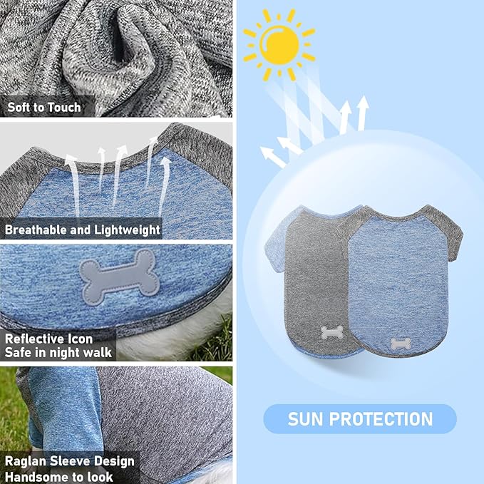 KYEESE 2 Pack Dog Shirts for Large Dogs Quick Dry Dog Clothes Breathable Stretchy Pet T-Shirt with Reflective Label Raglan Sleeve Pet Apparel for Large Dogs, Blue+Grey, 3XL