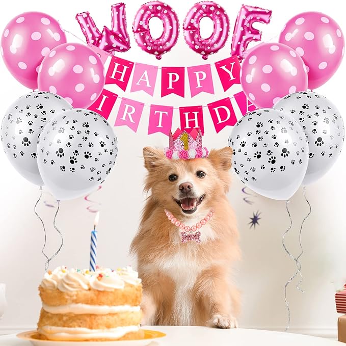 Maitys 13 Pcs Dog Birthday Party Supplies Cute Dog Girl Bandanas Set Pink Tutu Skirt Puppy Crown Hat Pearl Necklace Happy Birthday Banner 9 Pink Woof Paw Balloons Toy for Puppy Pet Cat