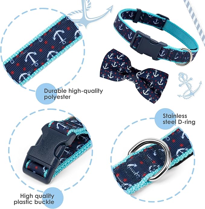 azuza Anchor Dog Collar with Bow Tie, Soft and Comfortable Adjustable Bowtie for Medium Dogs