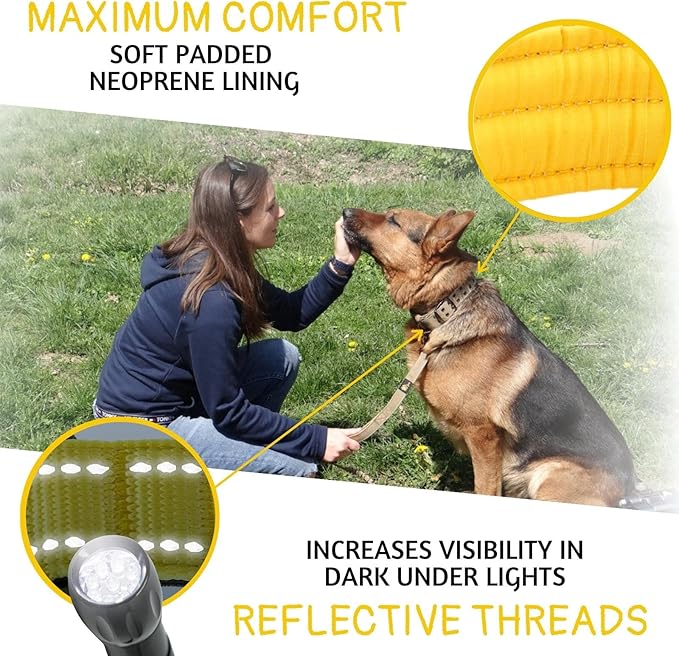 ADITYNA Heavy Duty Dog Collar for Medium Dogs - Reflective Yellow Collar with Handle for Training, and Walking - Wide, Thick, Tactical, Soft Neoprene Padded