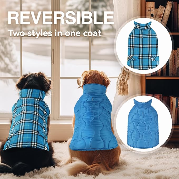 VIVAGLORY SoftJoy Dog Winter Coat - British Style Plaid Jacket & Vest for Cold Weather Snow - Reversible, Warm & Heavy Duty - XL Blue