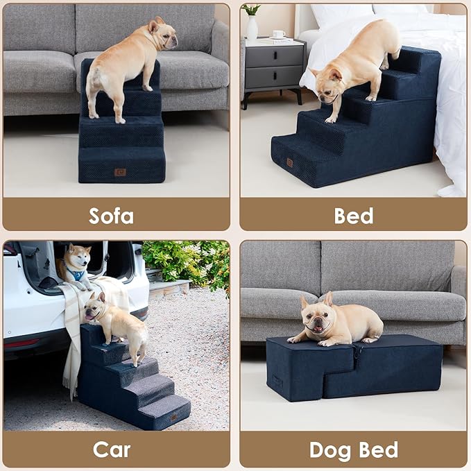EHEYCIGA Dog Stairs for High Bed 22.5”H, 5-Step Dog Steps for Bed, Pet Steps for Small Dogs and Cats, Non-Slip Balanced Pet Ramp Indoor, Navy Blue