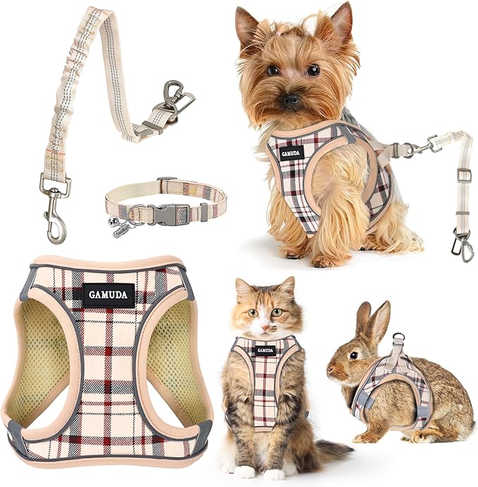 GAMUDA Dog Harness, Collar and Seat Belt Set, Vehicle Safety Harness, Retractable Adjustable Pet Seatbelts with Travel Strap and Carabiner for Most Cars (Beige, L)
