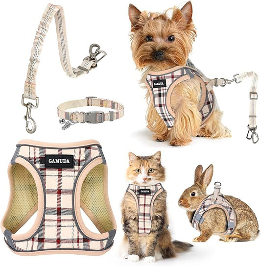 GAMUDA Dog Harness, Collar and Seat Belt Set, Vehicle Safety Harness, Retractable Adjustable Pet Seatbelts with Travel Strap and Carabiner for Most Cars (Beige, XS)