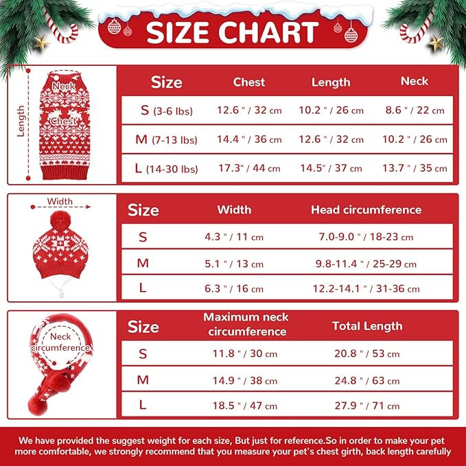 PETCARE 3 Pack Dog Christmas Costume - Cute Red Reindeer Snowflake Christmas Dog Sweater Scarf Hat Set - Pet Dog Cat Puppy Xmas Outfits Costume for Small Medium Dogs Cats Clothes
