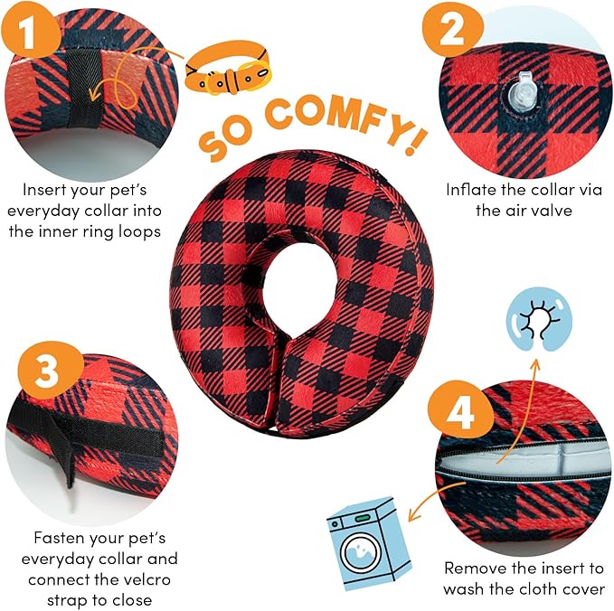 BENCMATE Protective Inflatable Collar for Dogs and Cats - Soft Pet Recovery Collar Does Not Block Vision (Large, Plaid)