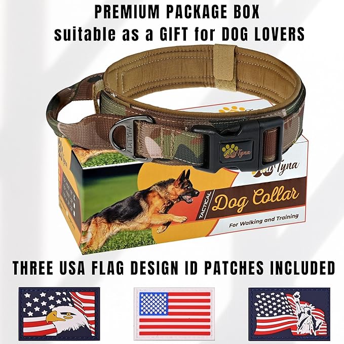 ADITYNA Tactical Dog Collar for Medium Dogs - Soft Padded, Heavy Duty, Service, Adjustable, Military, K9 Camo Medium Collar with Handle for Training and Walking
