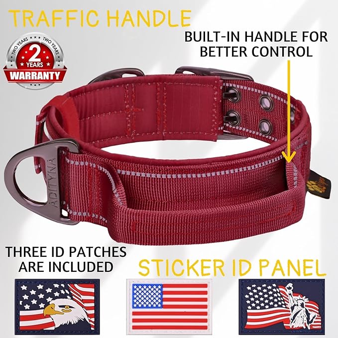 ADITYNA Heavy Duty Dog Collar for Medium Dogs - Reflective Burgundy Collar with Handle for Training, and Walking - Wide, Thick, Tactical, Soft Neoprene Padded