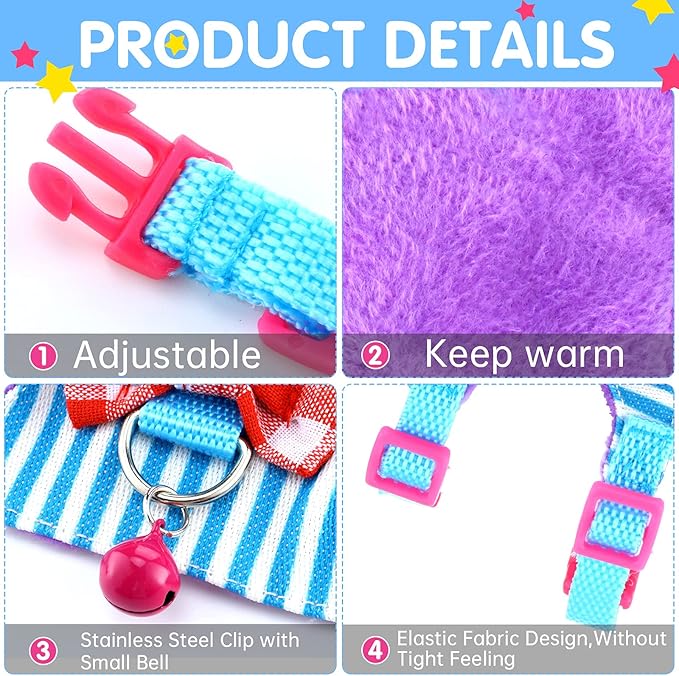 2 Pieces Hamster Harness and Leash Set for Walking, Small Guinea Pig Clothes with Bowknot Bell, No Pulling Comfort Padded Vest Striped for Guinea Pig Hamster Ferret, Small Animals (Blue, Pink,S)