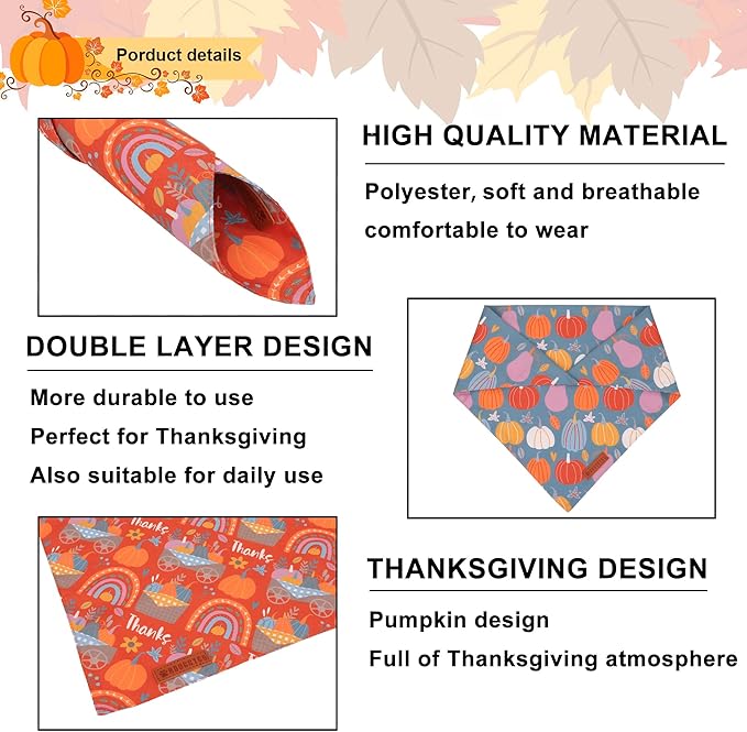 ADOGGYGO Thanksgiving Dog Bandana - Blue Orange Pumpkin Scarf, Adjustable Fit Fall Bandanas for Medium Large Dogs Pets (Large)
