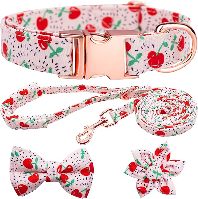 Dog Collar and Leash Set Girls Adjustable Puppy Collars with Floral Bow Tie for Small Medium Large Female Dogs, Cherry, S