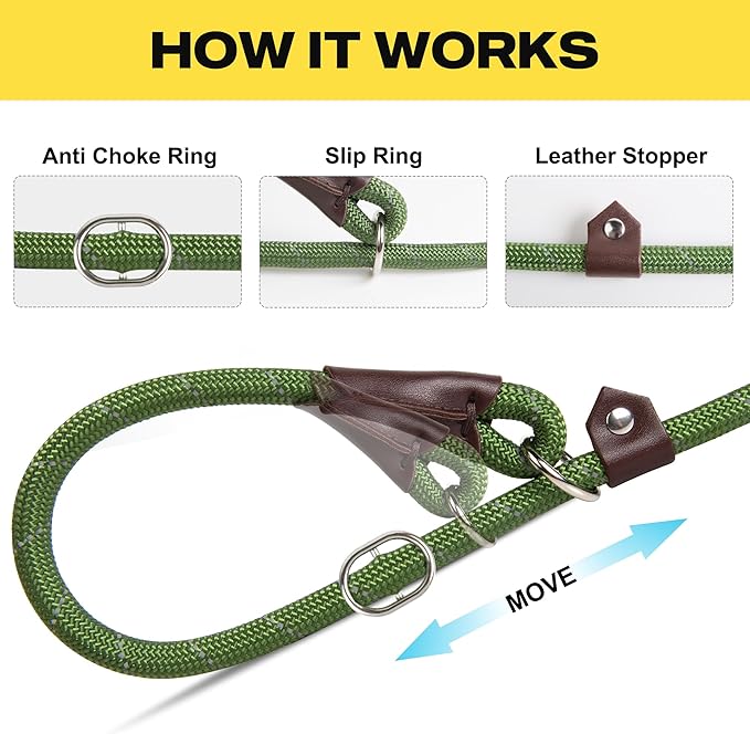Fida Slip Leads for Dogs - 4 FT x 1/2" Heavy Duty Comfortable Strong Rope Leash for Large, Medium Dogs - No Pull Pet Training Leash with Highly Reflective, Green