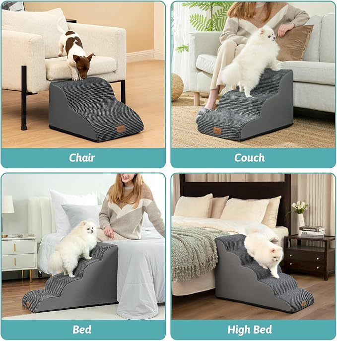 Dog Stairs for Small Dogs 19.7" H, Curved Dog Step for Puppy, Older or Cat, Medium Pet Ramp for Sofa, Couch or Bed, Ladder with High Density Foam, 15.7x28.3x19.7 inch, 4 Step, Dark Grey