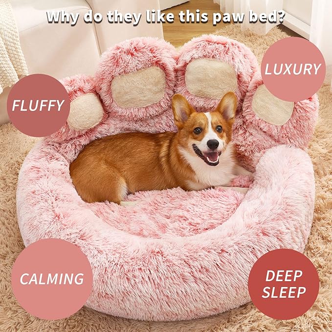 Jiupety Paw Shape Calming Pet Bed, Medium Plush Faux Fur Donut Bed for Dogs & Cats, Machine Washable, Non-Slip Bottom, Extra Large Size (32"×32"×10"), Pink