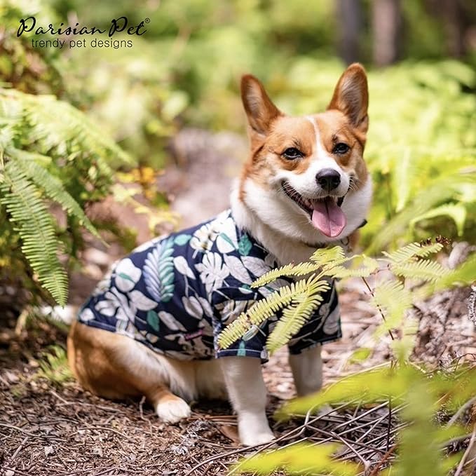 Parisian Pet Palm Leaves Shirt - 100% Cotton Summer Clothes - Stylish Beach Outfit for Dogs - Hook and Loop Closure Costume - Machine Washable - XL for Large Dogs