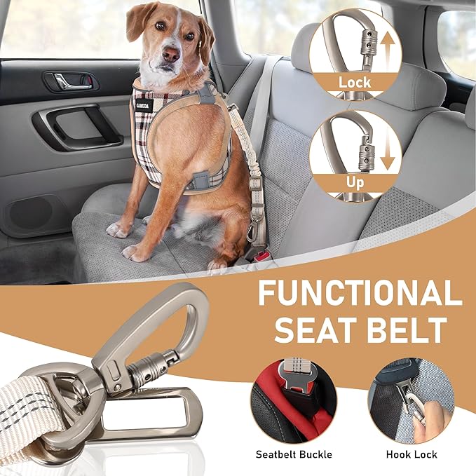 GAMUDA Dog Harness, Collar and Seat Belt Set, Vehicle Safety Harness, Retractable Adjustable Pet Seatbelts with Travel Strap and Carabiner for Most Cars (Beige, XXS)