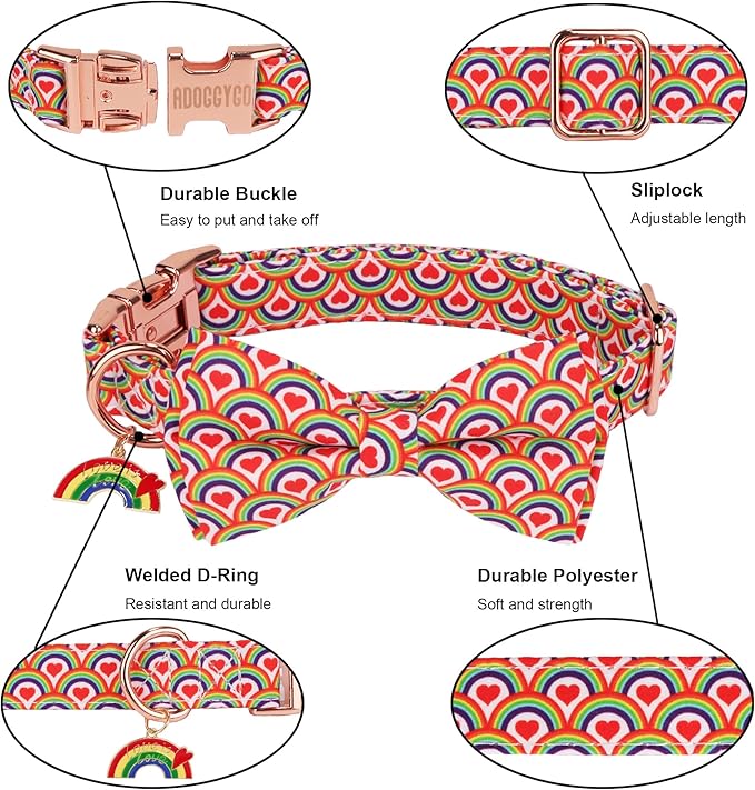ADOGGYGO Rainbow Dog Collar with Bow, Detachable Bow, Metal Buckle, Adjustable Rainbow Collars for Small Dogs Boy Girl Male Female (X-Small)