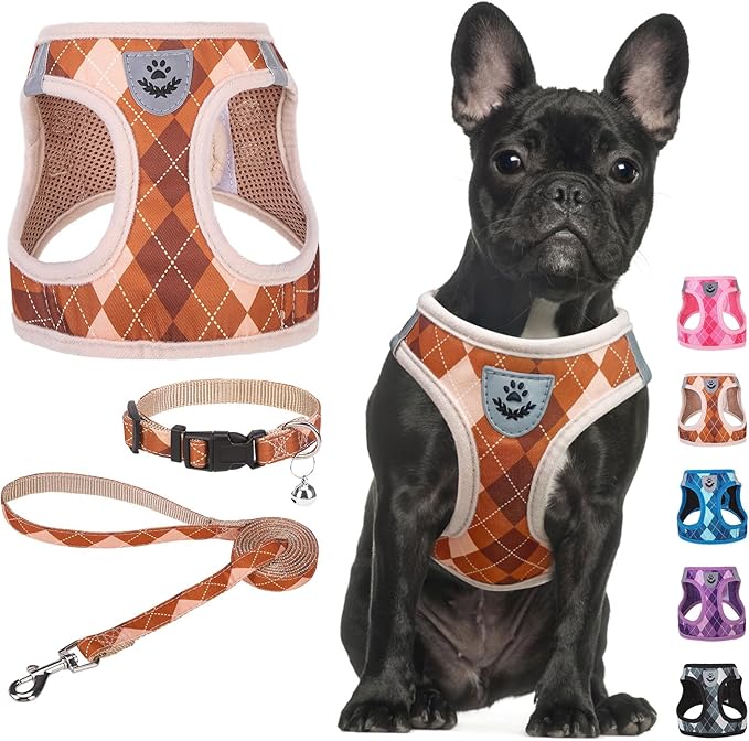 SCENEREAL Dog Harness Collar and Leash Set, Step-in No Pull Pet Vest Harnesses for Small Medium Dogs Puppy Cats, Soft Mesh No-Chock Reflective Vest Harness for Outdoor Walking Running, Brown Plaid S