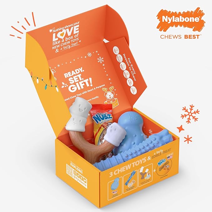 Nylabone Dog Gift Box, Includes 3 Rubber Strong Chew Toys and 1 Natural Treat, Gifts for Dogs, Large - Up to 50 lbs, 4 Pack