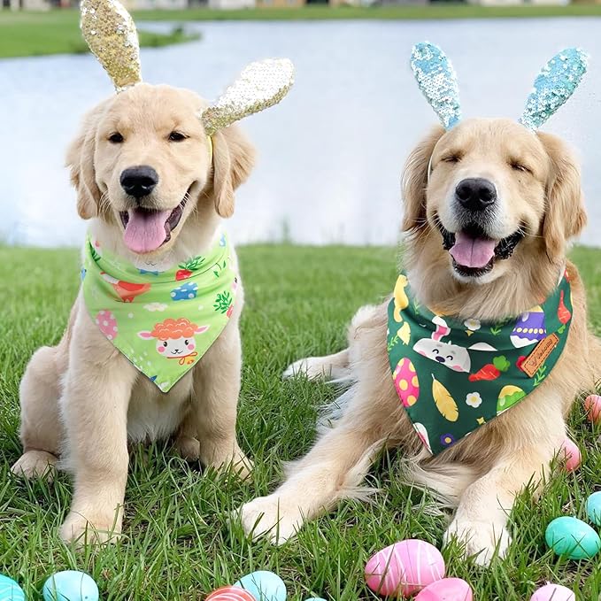 Vehomy 3-Pack Easter Dog Bandana Reversible Dog Bandanas Easter Egg Dog Bandanas Bunny Dog Scarfs Cat Triangular Bibs Easter Rabbit Pet Bandanas Scarves for Small Medium Large Dogs S