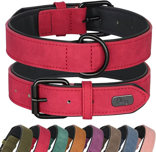 Didog Soft Padded Leather Dog Collar, Breathable Heavy Duty Dog Collar Faux Leather with Adjustable Rust-Proof Metal Buckle for Small Medium Large Dogs, Red Dog Collar, L Fit Neck 13-17"(22-44 lbs)