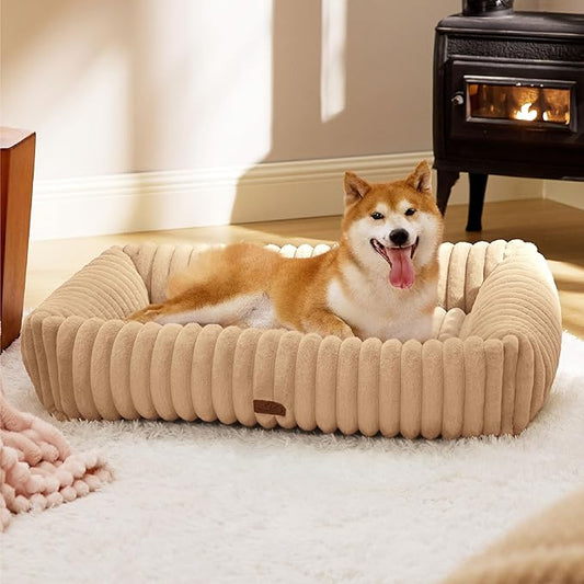 Bedsure Washable Dog Bed for Medium Dogs - Cute Furry Puppy Beds, Rectangle Orthopedic Corduroy Fleece Pet Beds with Removable Zipper Cover, 36x27x8inches, Sandy Tan