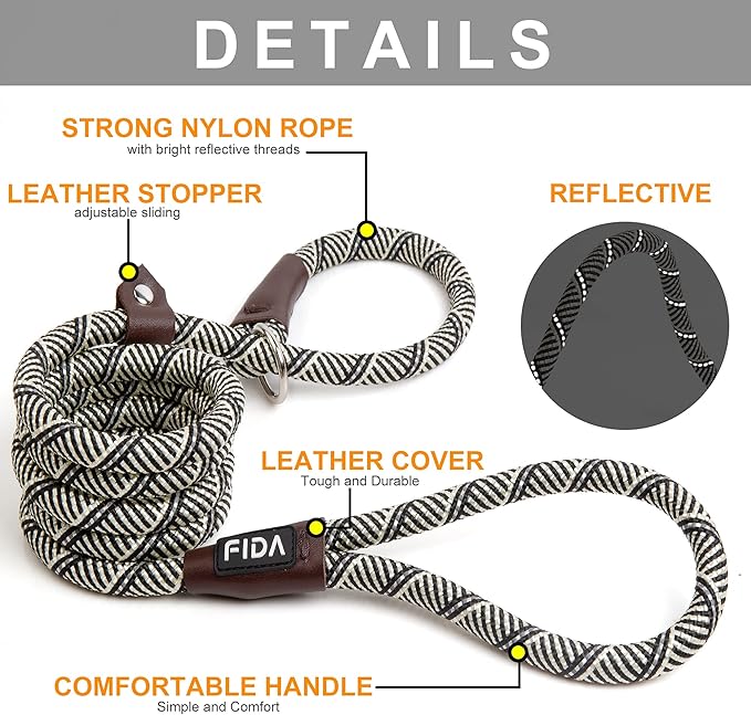 Fida Durable Slip Lead - Bulk Pack of 5, Heavy Duty 1/2" x 6 FT Comfortable Strong Rope Dog Leash for Large, Medium & Small Dogs, No Pulling Pet Training Leash with Highly Reflective Grey