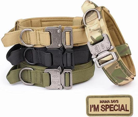KCUCOP Tactical Dog Collar with Handle,Adjustable Military Dog Collar with Metal Buckle and Patches,Heavy Duty Dog Collars for Large Dogs (Camo-XL)