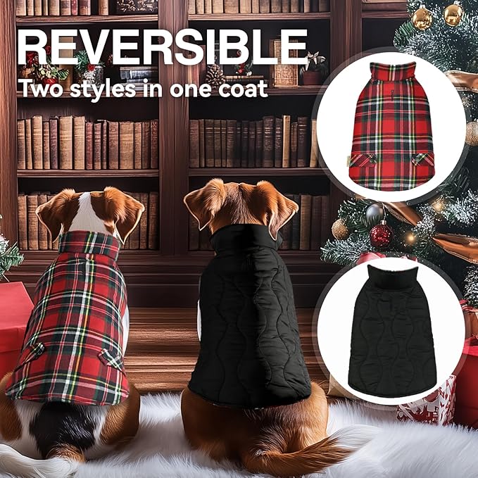 VIVAGLORY SoftJoy Dog Winter Coat - British Style Plaid Jacket & Vest for Cold Weather Snow - Reversible, Warm, Heavy Duty XXS Red