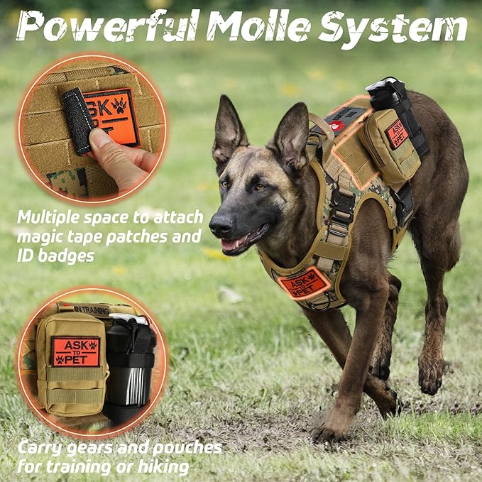 rabbitgoo Tactical Dog Harness Medium Sized, Heavy Duty Pet Harness with Handle, No-Pull Service Vest Medium Breed, Adjustable Military Dog Vest for Training Hunting Walking, Brown Camo, M