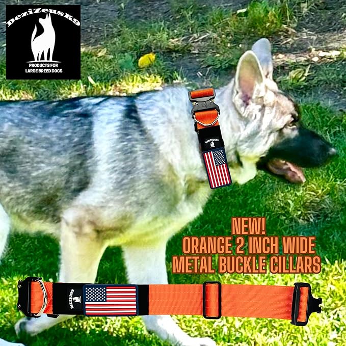 Tactical Dog Collar 2 Inch Wide Thick Heavy Duty Military Style with Metal Buckle, Adjustable for Medium - Large Breeds, Durable K9 Training Gear with Patch Area, USA Flag Patch, Strong and Secure Fit