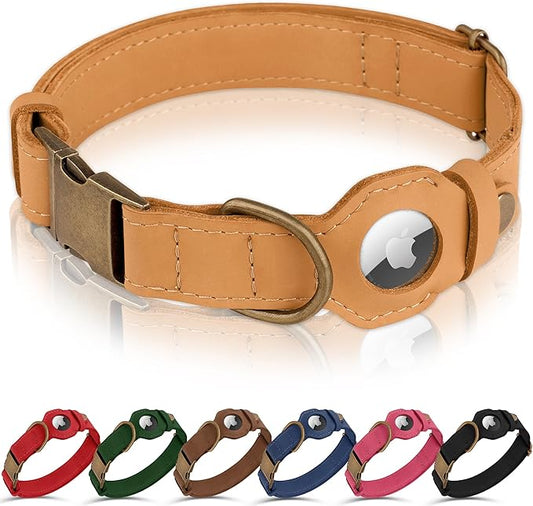 AirTag Dog Collar - Genuine Leather Dog Collar with Apple AirTag Holder and Metal Buckle - Smart GPS Tracking Pet Collars for Small Medium Large Dogs Puppy (Light Brown, L, 17"-21" Neck Fit)