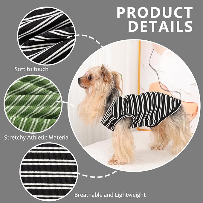 2Pack Dog Shirts for Small Dogs Girl Boy Striped Dog Shirt Vest Soft Stretchy Puppy Clothes Sleeveless Colorful Sweatshirt Small Puppy Outfit for Chihuahua Yorkie, Black+Green, L