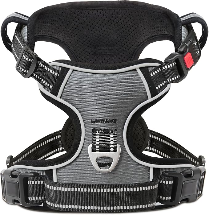 Timos Dog Harness Small Sized, No Pull with Neck Lockable Snap,No Choke Front Clip Dog Reflective Harness,Adjustable Metal Rings 3 Buckles,Easy Control Handle for Small Dogs Gray XS