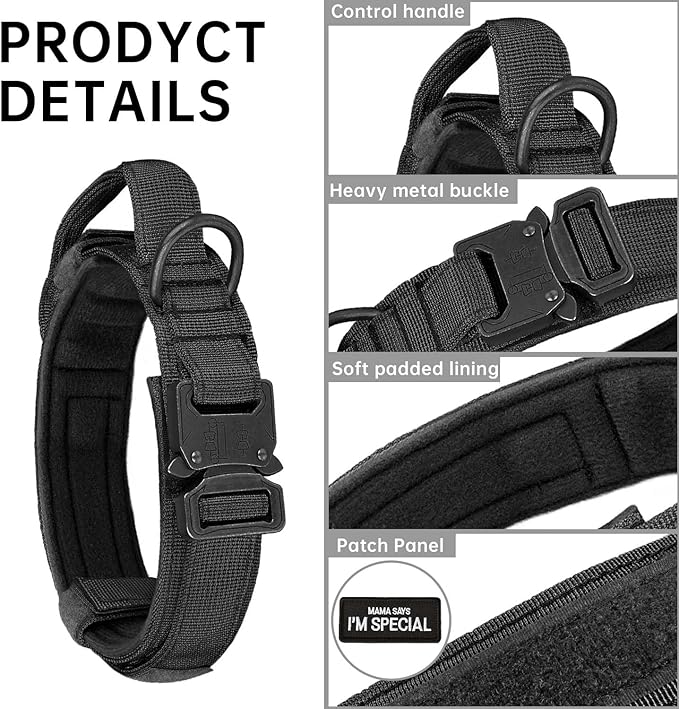 Tactical Dog Collar with Handle - Adjustable Nylon Training Military Dog Collar with Heavy Duty Metal Buckle Collar for Medium Large Dogs,with Patch