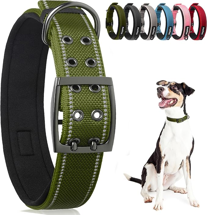 PetiFine Dog Collar for Extra Large Dogs, Neoprene Padded and Adjustable, Reflective Wide Heavy Duty Pet Collars with Durable Metal Belt Buckle for Walking, Green, XL