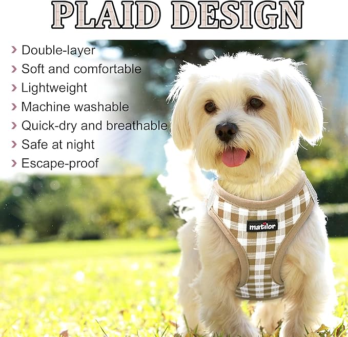 Dog Harness Step-in Breathable Puppy Cat Dog Vest Harnesses for Small Medium Dogs Beige Checkered