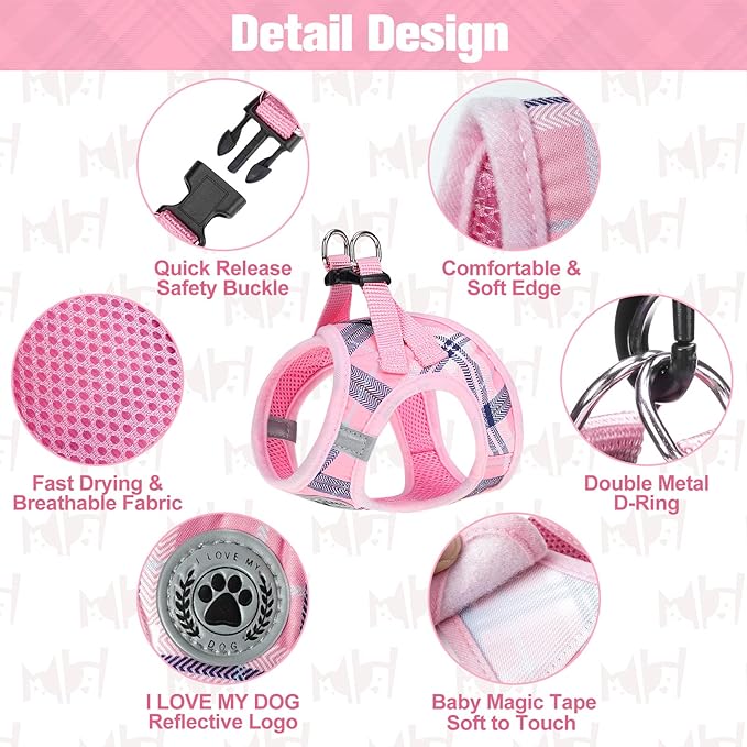 BEAUTYZOO Small Dog Harness and Leash Set,Step in No Choke No Pull Soft Mesh Dog Harnesses Reflective for Extra-Small Medium Puppy Dogs and Cats, Plaid Dog Vest Harness for XS S Pets, Pink S