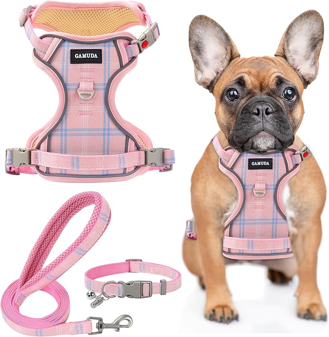 GAMUDA Dog Harness Collar and Leash Set, Dog Harness, No Chock No Pull Adjustable Vest Harnesses Plaid Reflective for Medium Dog, Cat, Small Horse, Small Bull and Pig (Pink, XS)